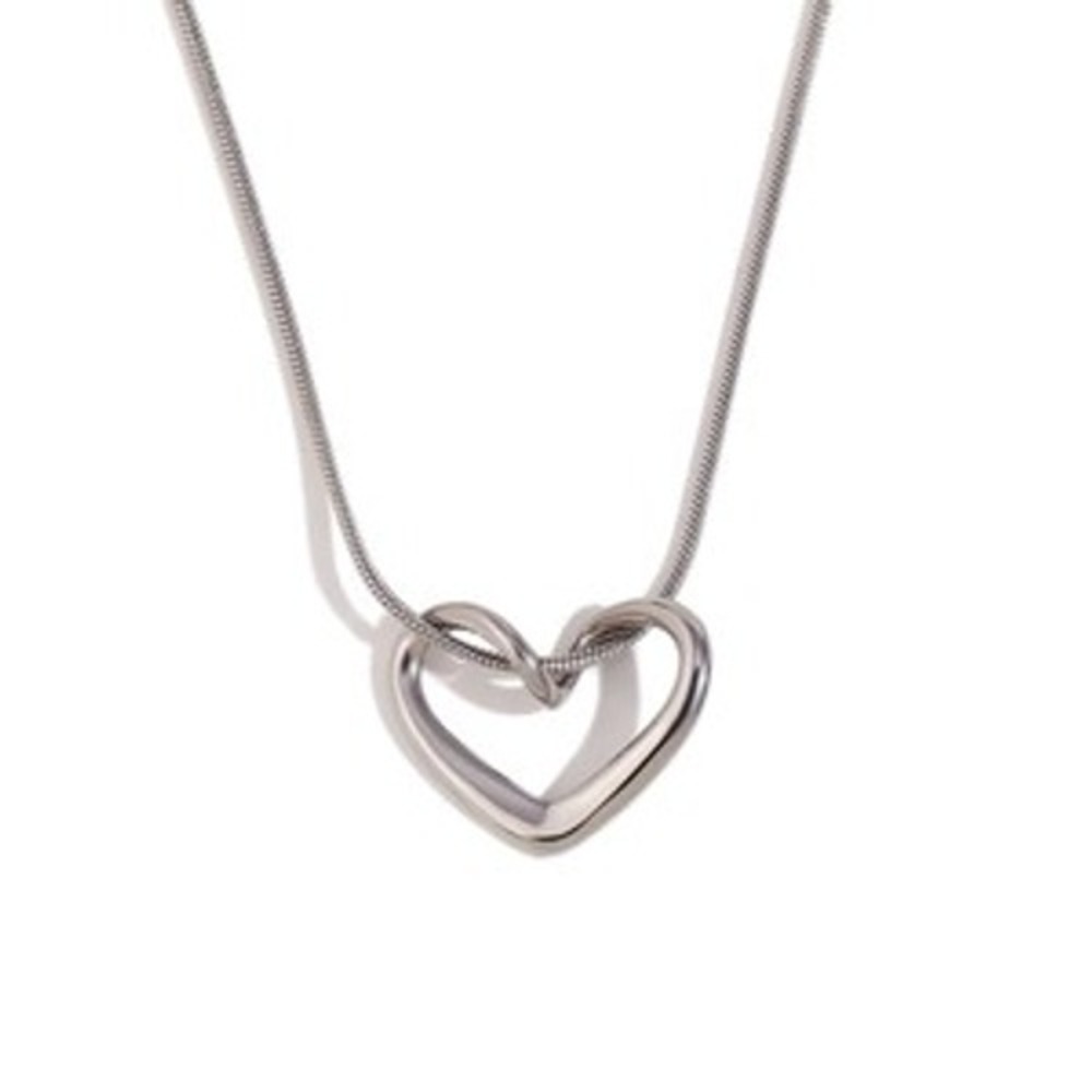 Silver Stainless Steel Open Heart Pendant Snake Chain Necklace Minimalist 45cm